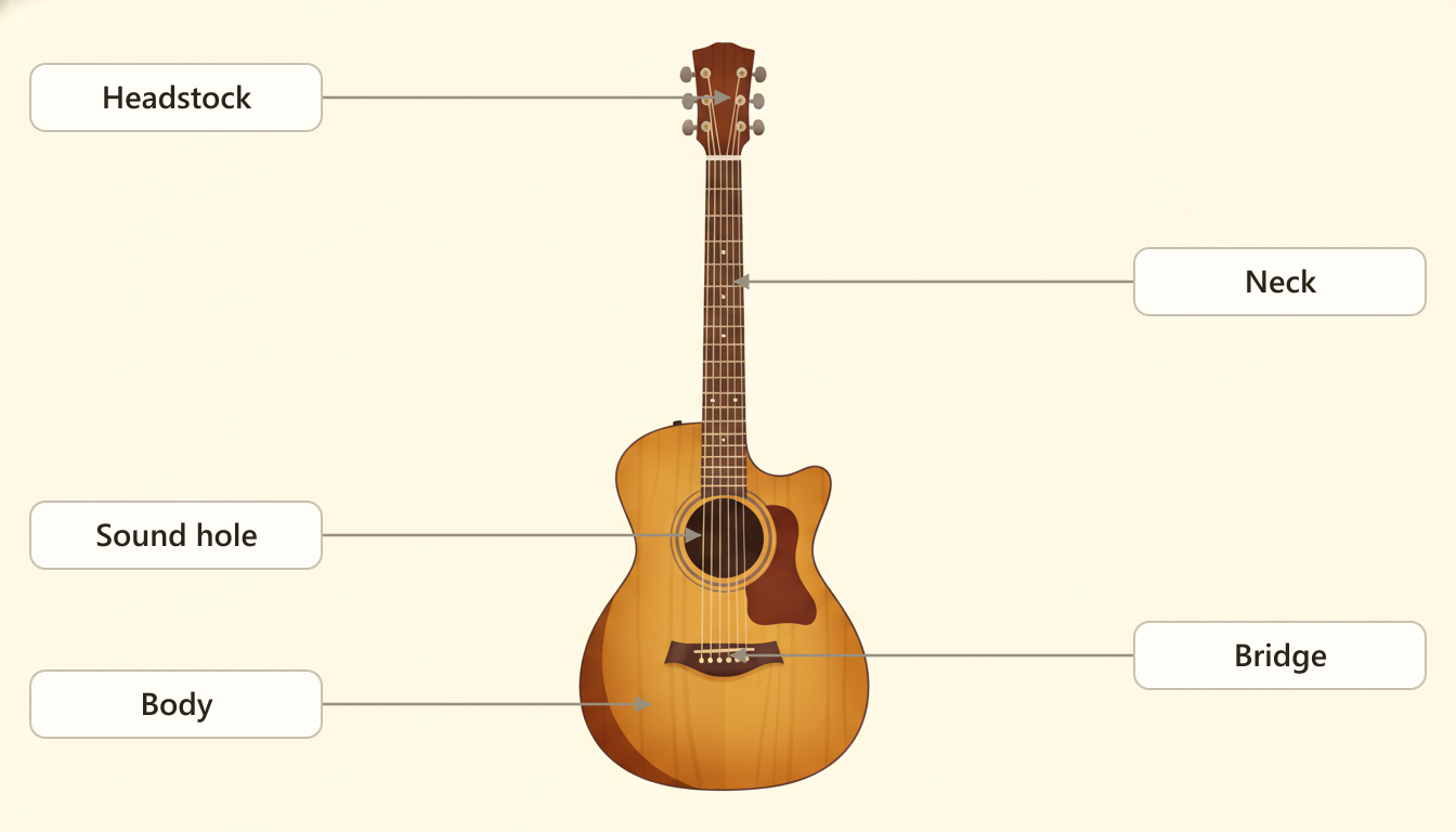 Acoustic guitar diagram with arrows pointing at the headstock, neck, sound hole, bridge and body